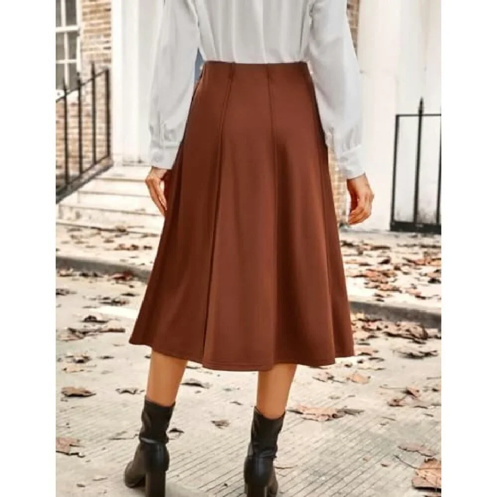 High Waisted Pleated Midi Skirt with Pockets Flowy A-Line Swing